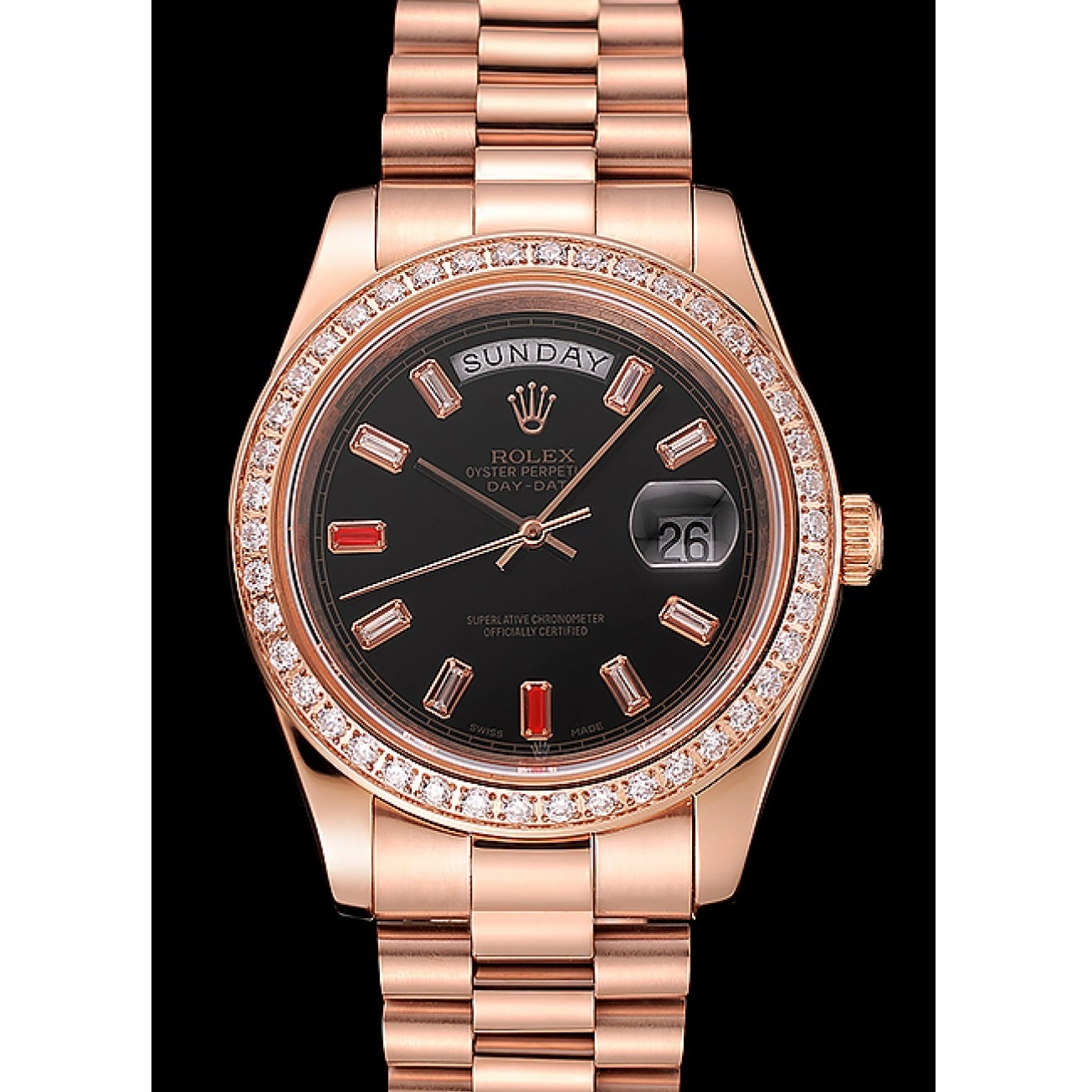 Aaa replica watch Bracelet Rolex 1454102 And Swiss Gold Rose Rubies Diamonds Dial Black Day-Date 0602